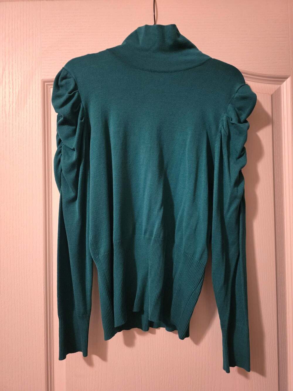 Joseph A. Petite Green Turtleneck Sweater Ruched Puff Sleeves PL